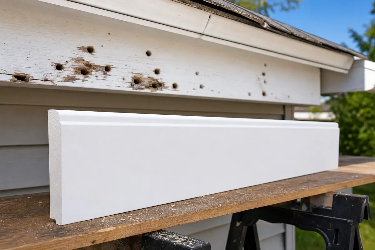 Primed fascia trim board for replacing damaged carpenter bee fascia