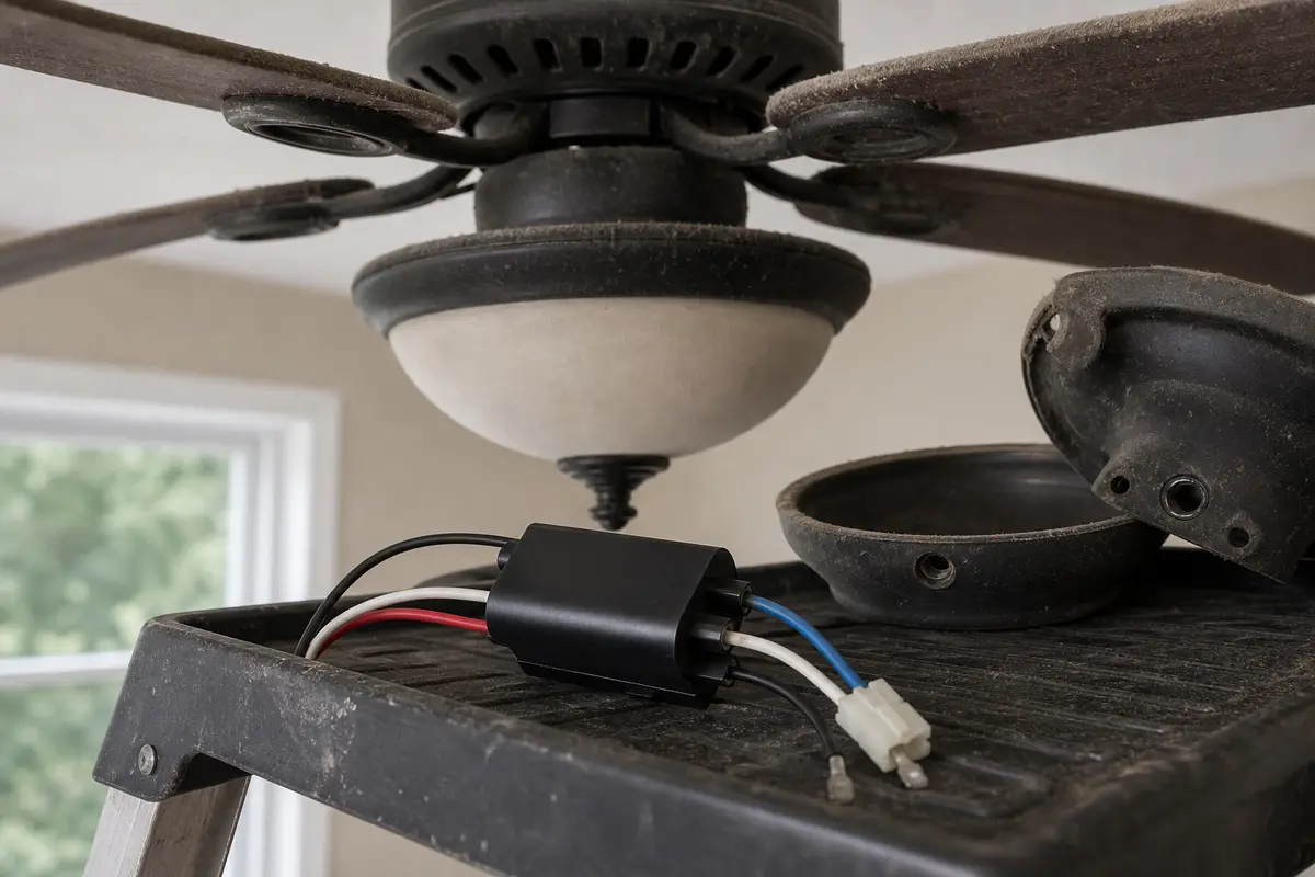 Ceiling fan capacitor shown in the repair area for ceiling fan smells like burning