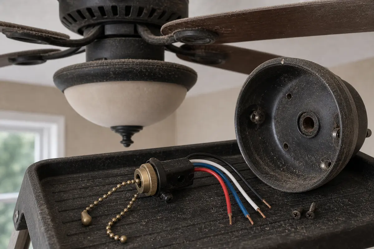 Ceiling fan pull-chain speed switch shown in the repair area for ceiling fan smells like burning