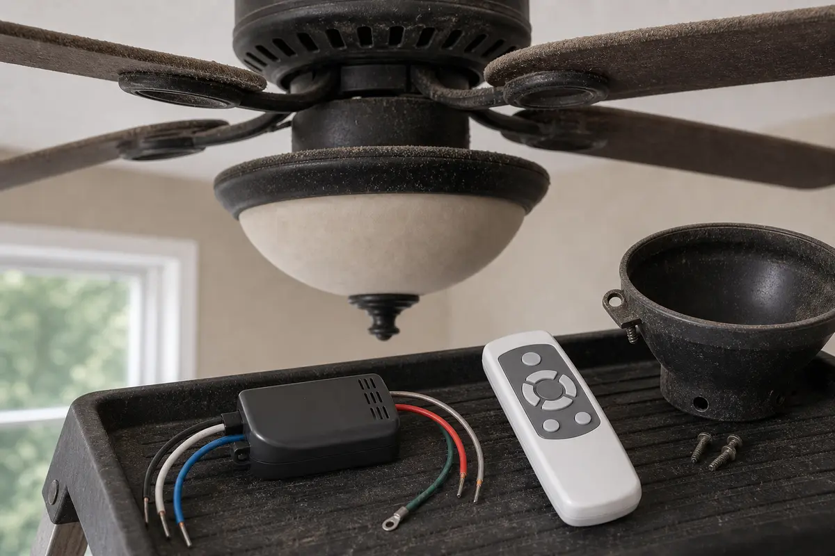 Ceiling fan remote receiver kit shown in the repair area for ceiling fan smells like burning