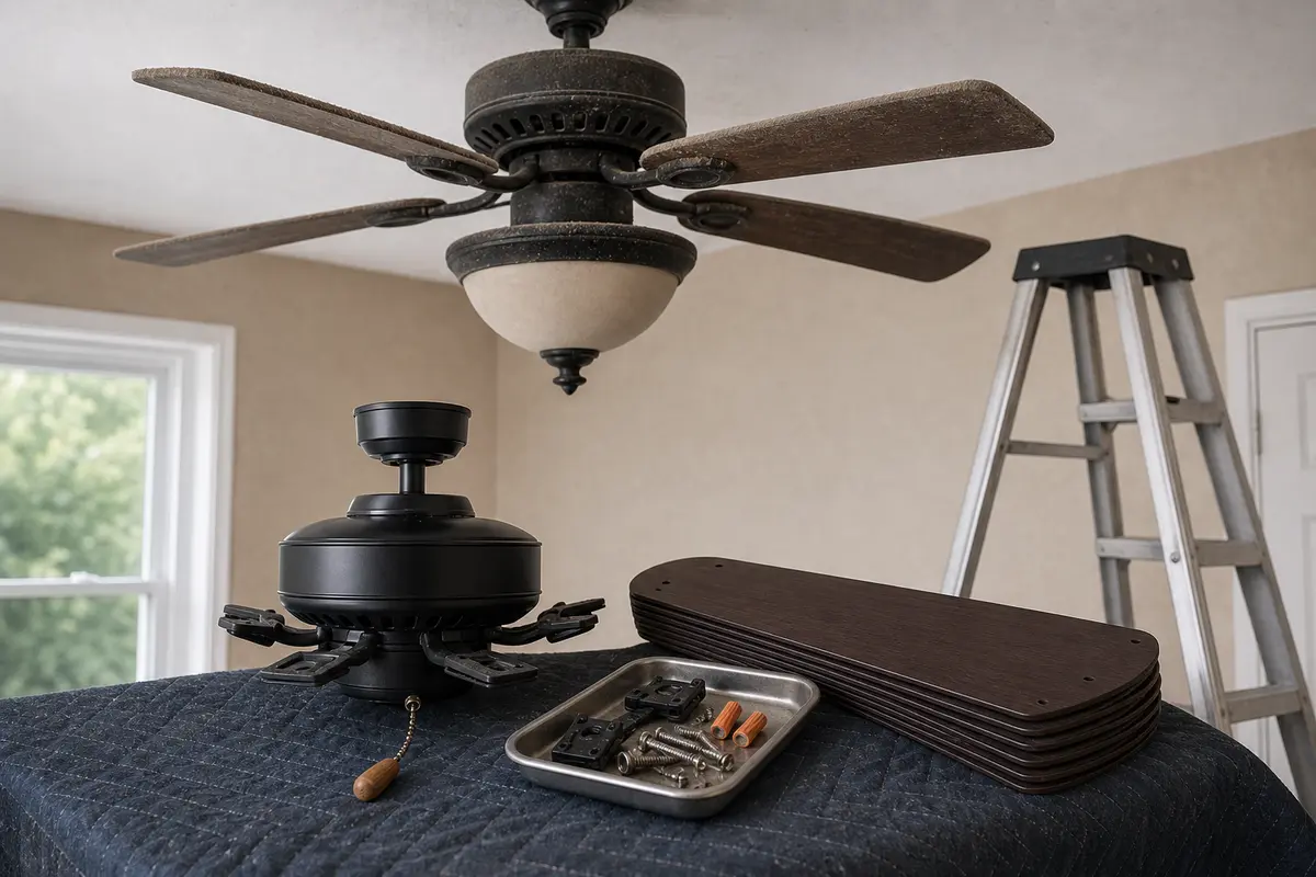 Replacement ceiling fan shown in the repair area for ceiling fan smells like burning