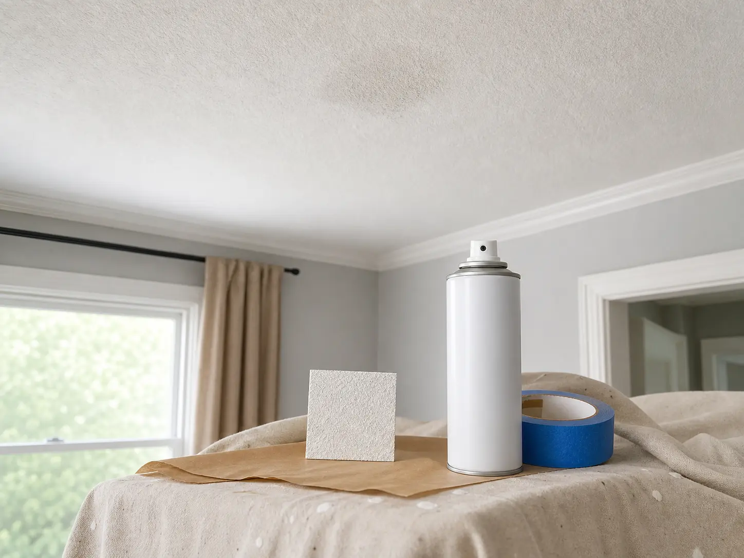 Ceiling texture repair spray beside a textured ceiling sample