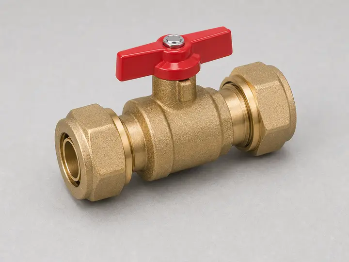 Compression water shutoff ball valve with brass nuts and ferrules