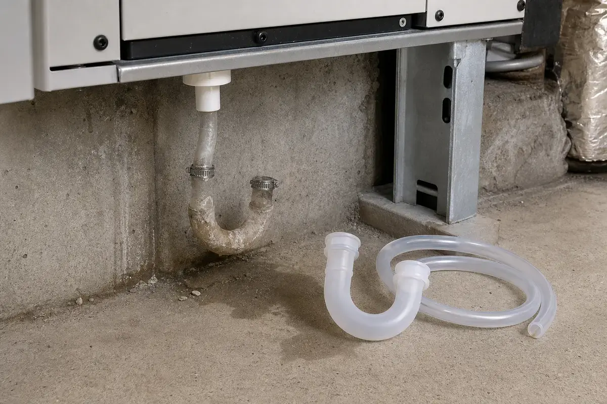 Condensate trap kit and flexible tubing compared with an older HVAC drain trap