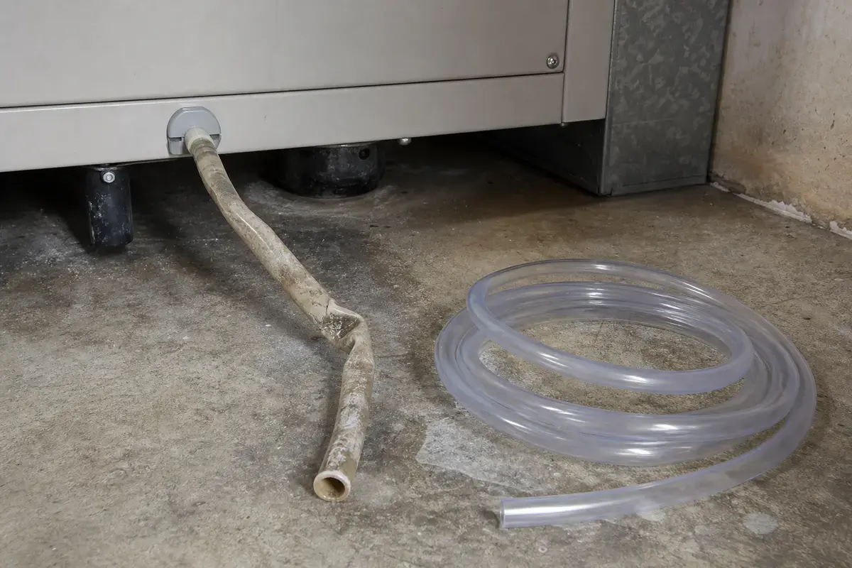 Flexible condensate drain tubing beside an older clogged HVAC drain hose