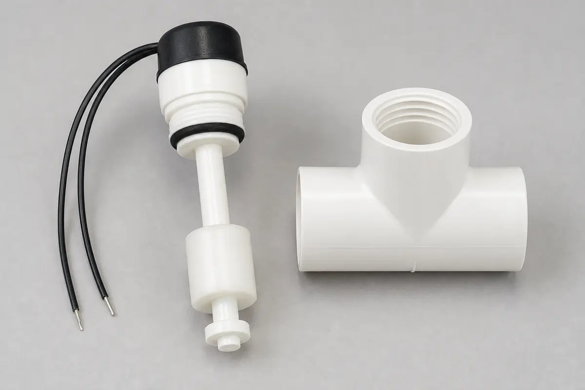 Representative tee-mounted HVAC condensate overflow safety switch and matching PVC tee