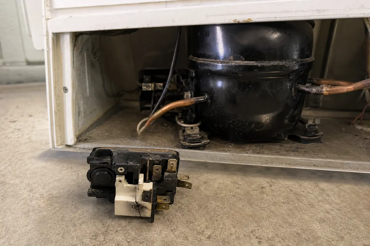 Freezer compressor start relay and overload assembly shown in the repair area for danby chest freezer clicks but wont start