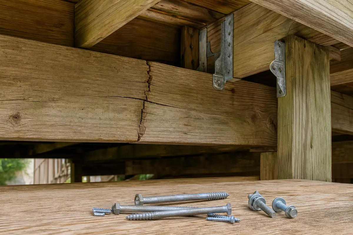 Exterior structural fasteners for deck beam cracked