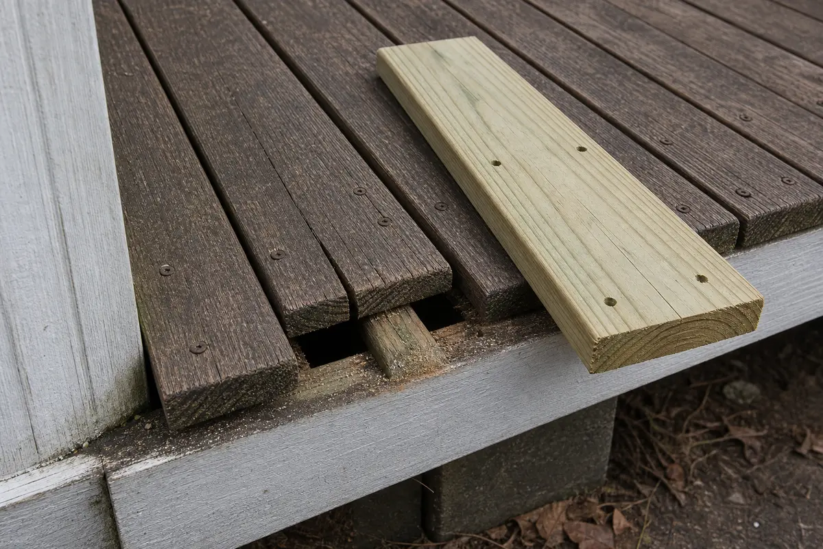 Replacement deck board for a failed carpenter ant damaged walking board