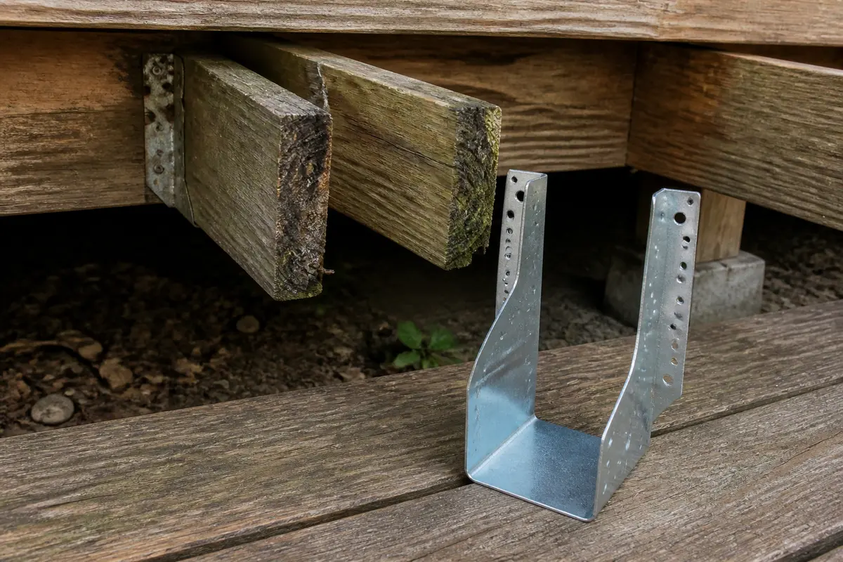 Deck joist hanger for a confirmed underside connector repair