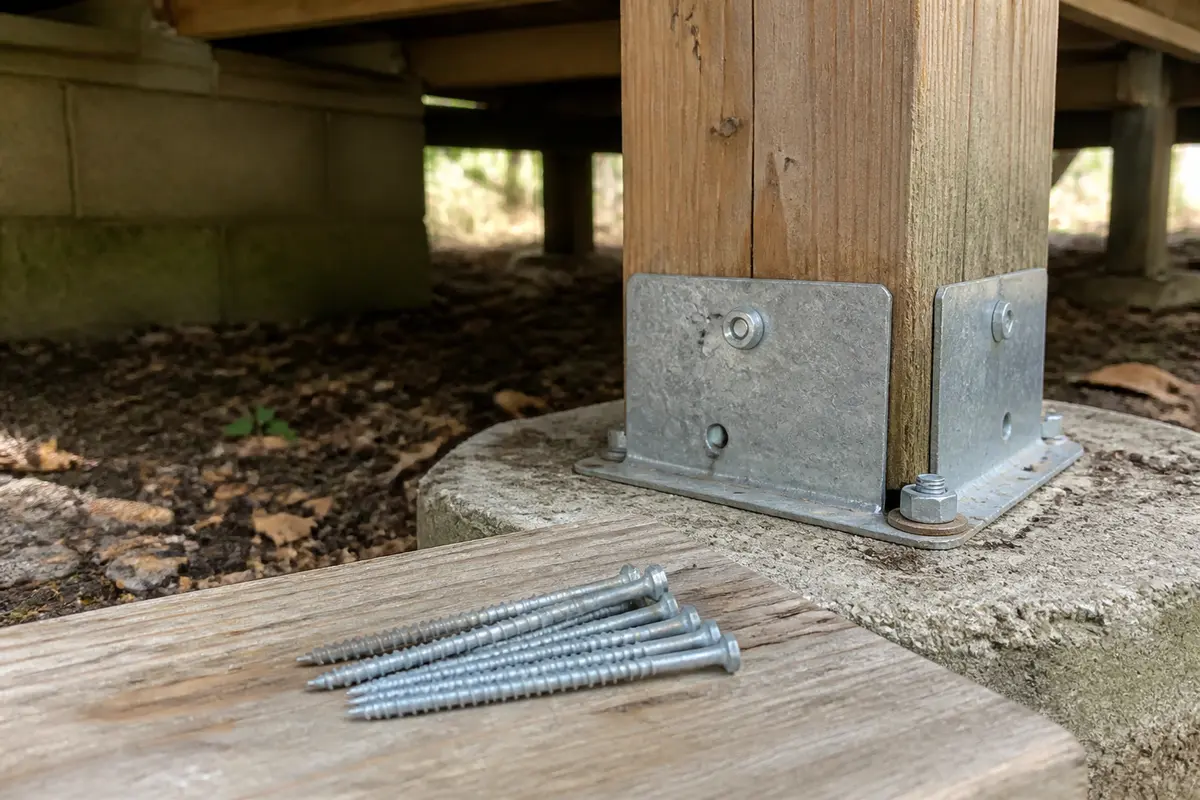 Exterior structural fasteners for deck post base wobbles