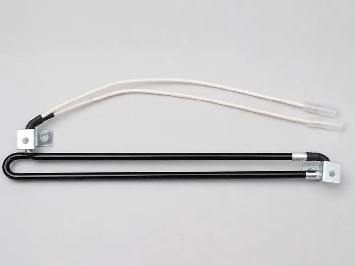 Freezer defrost heater element with wires and mounting brackets