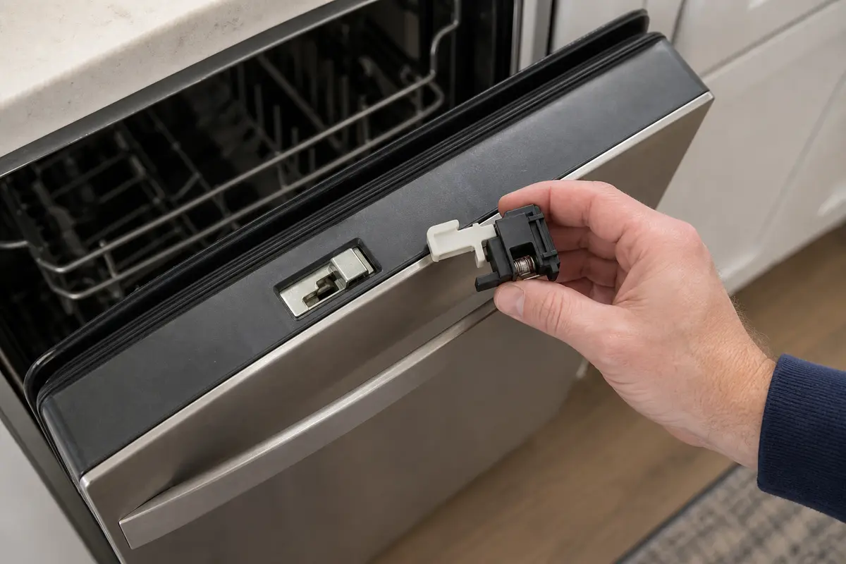 Dishwasher door latch replacement part held beside the control panel