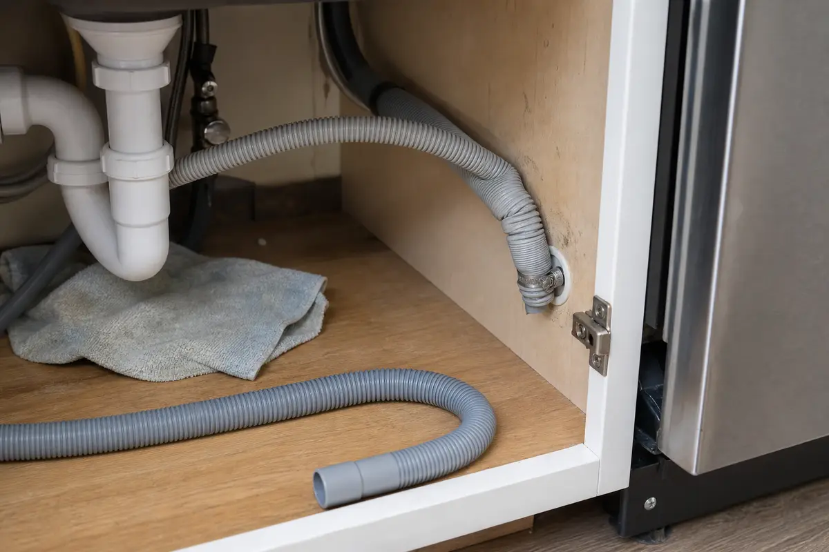 Dishwasher drain hose routed under the sink for an early-cycle drain check