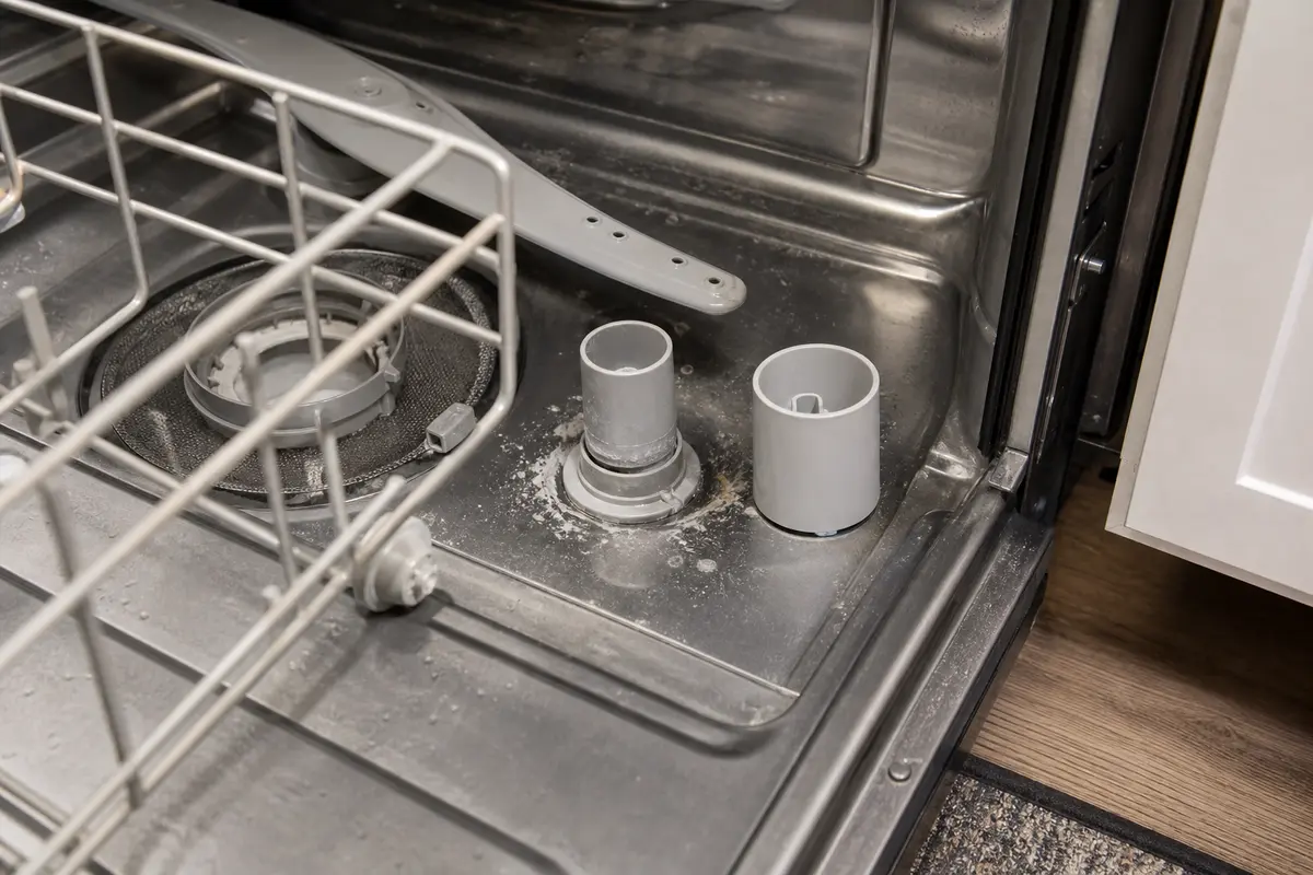 Dishwasher tub float beside the lower rack and sump area
