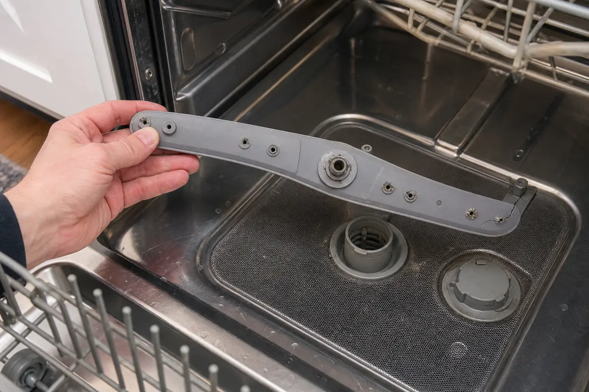 Dishwasher spray arm removed for checking blocked spray holes