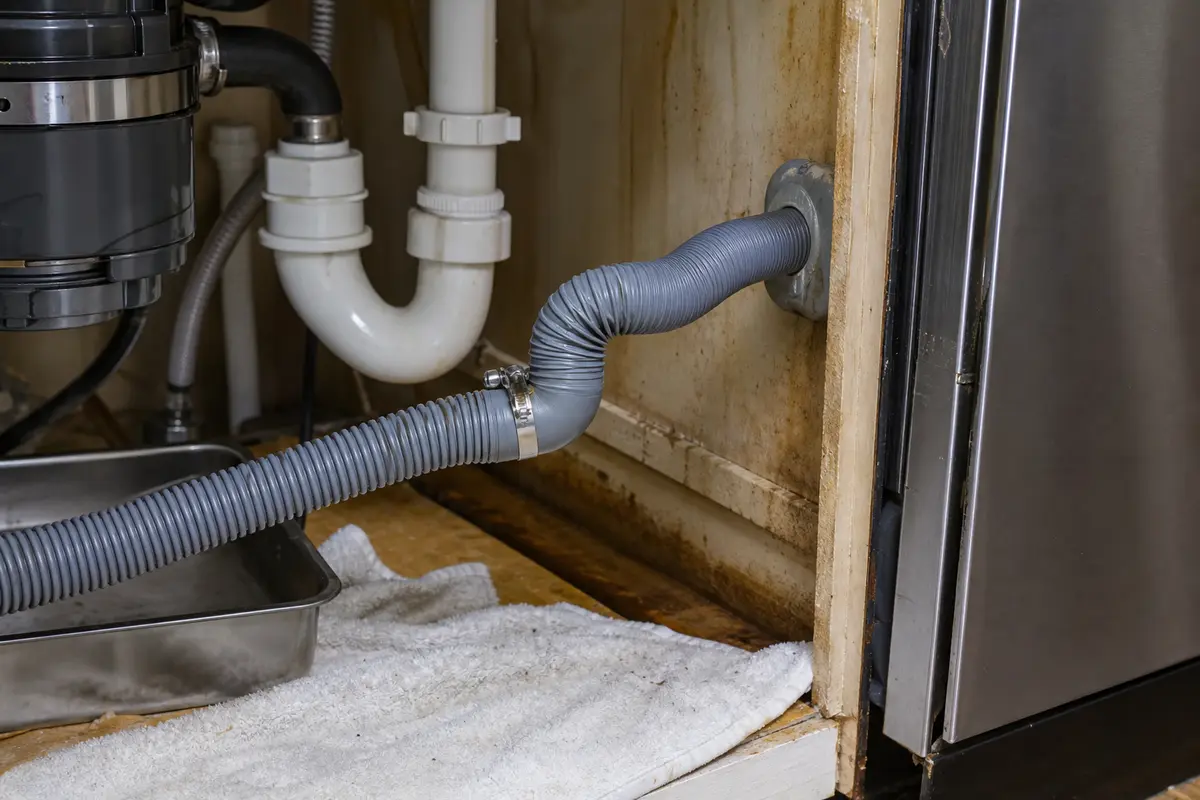 Dishwasher drain hose routed under the sink for noisy drain diagnosis