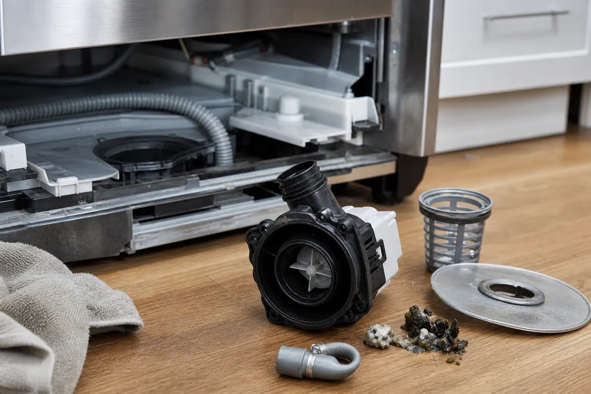 Dishwasher drain pump removed with model-specific parts for comparison