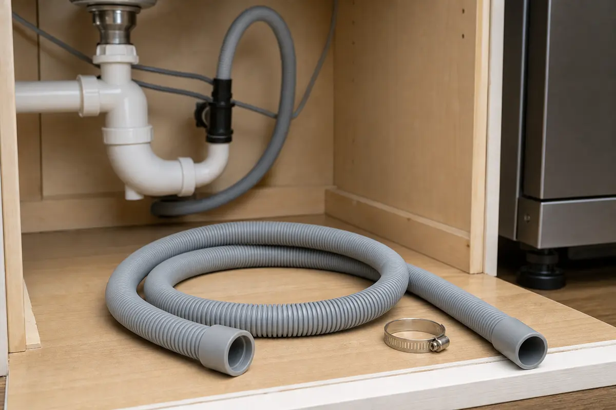 Dishwasher drain hose staged under the sink for no-drain diagnosis