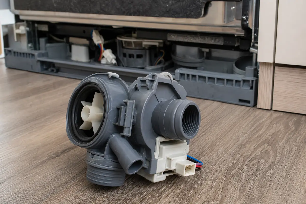 Dishwasher drain pump removed from the base for model matching