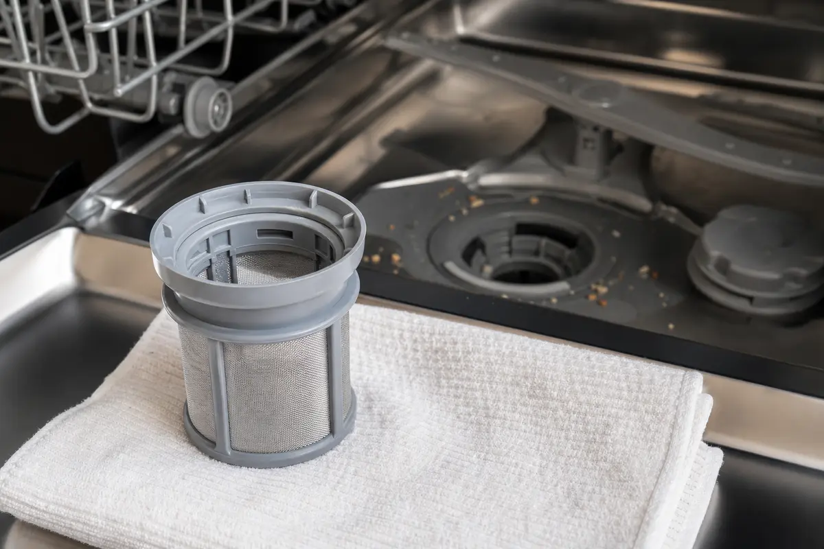 Dishwasher filter removed and set on a towel for no-drain diagnosis