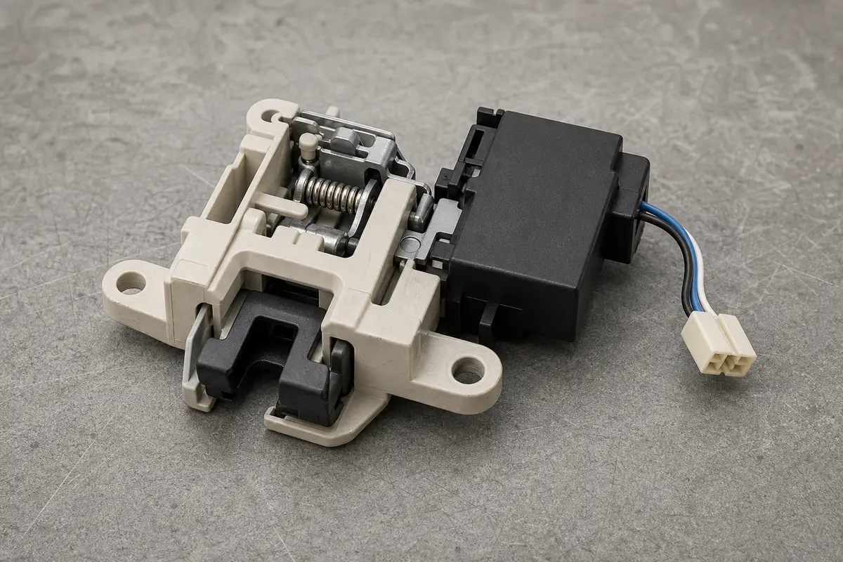 Enclosed dishwasher door latch and interlock assembly with connector housing and mounting points