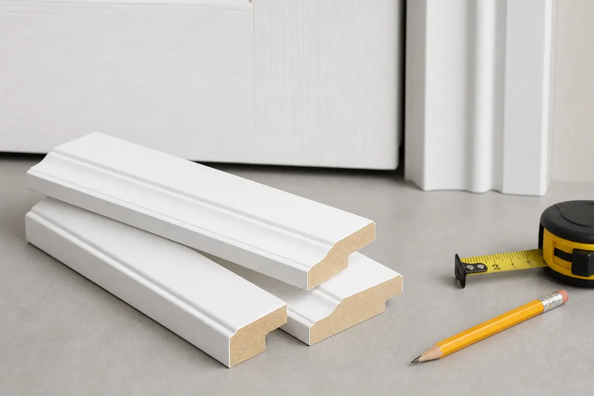 Primed interior door casing trim pieces for replacing split painted door casing
