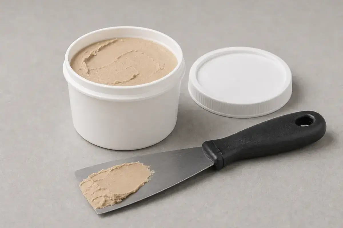 Open tub of paintable wood filler with a putty knife for small door and casing scratches