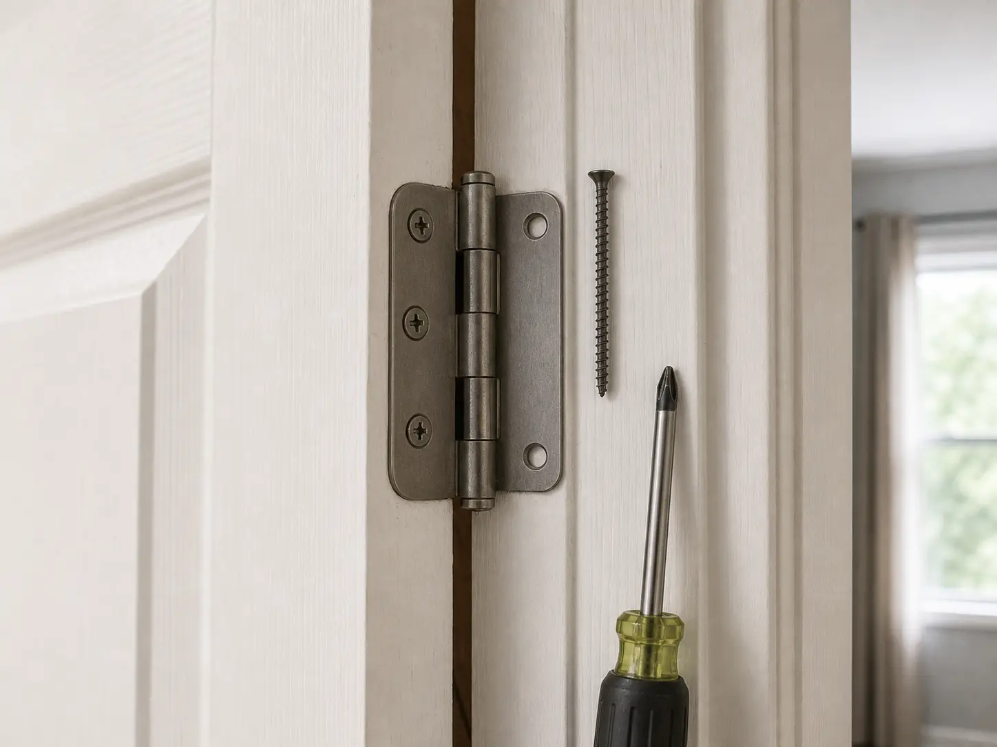Long door hinge screws for tightening a sagging hinge leaf