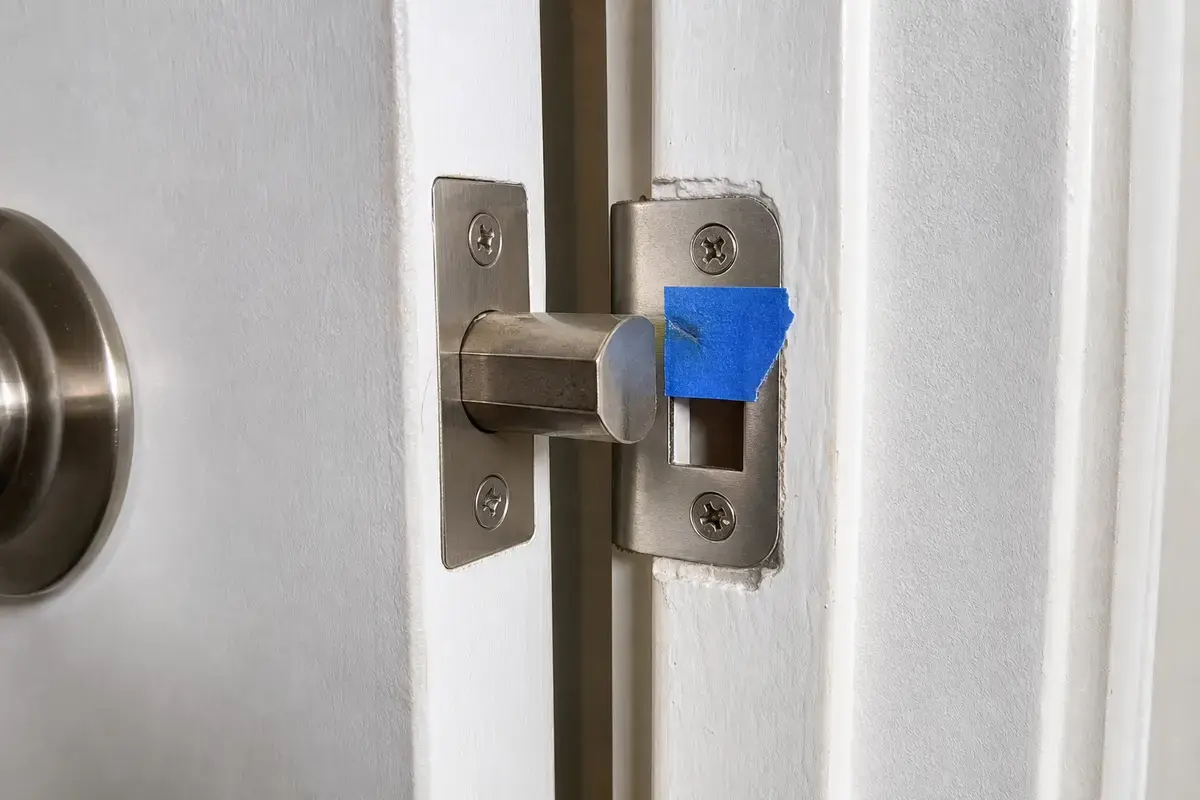 Door strike plate and latch alignment mark for a door that will not close
