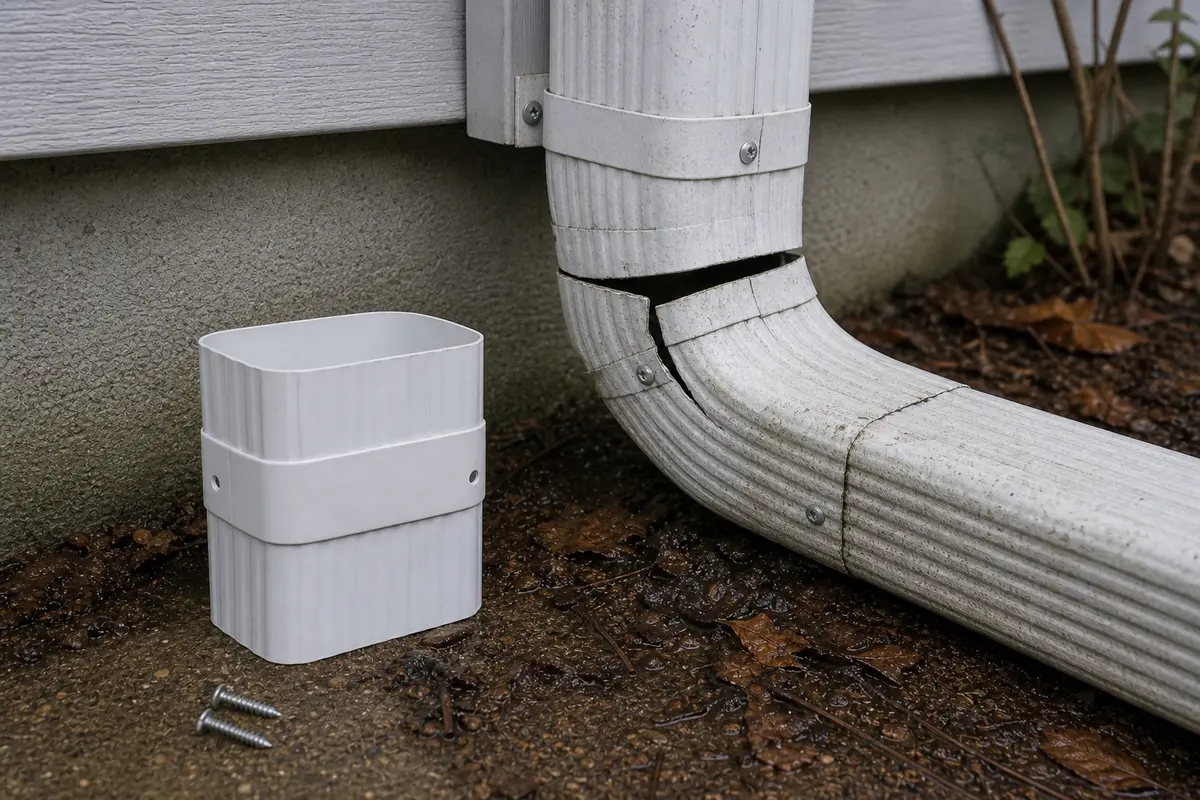 Downspout connector and adapter for a confirmed misaligned joint