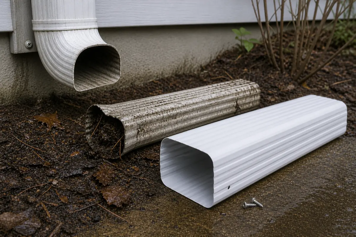 Downspout extension replacement after a confirmed clog or crushed section