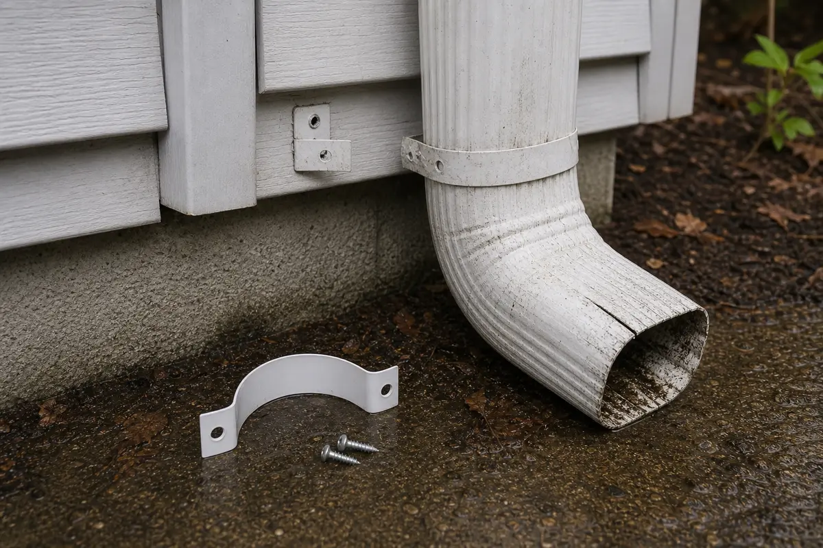 Downspout strap for securing a loose downspout after clearing a clog