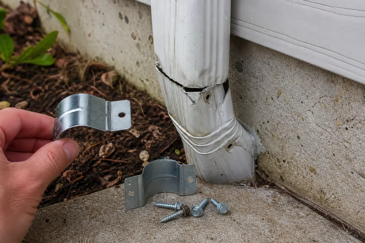 Downspout fastener and connector hardware for securing a loose elbow joint