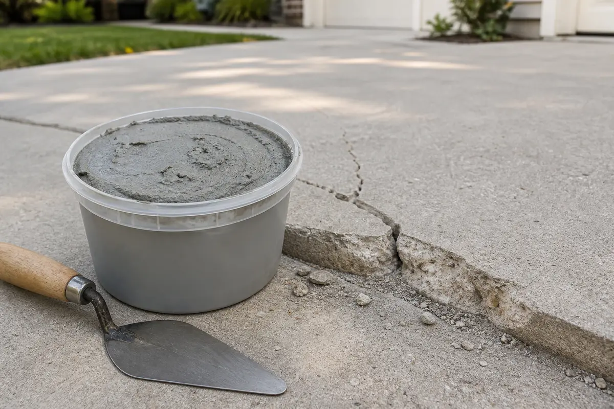 Concrete patch material for stable cracked driveway edge repair