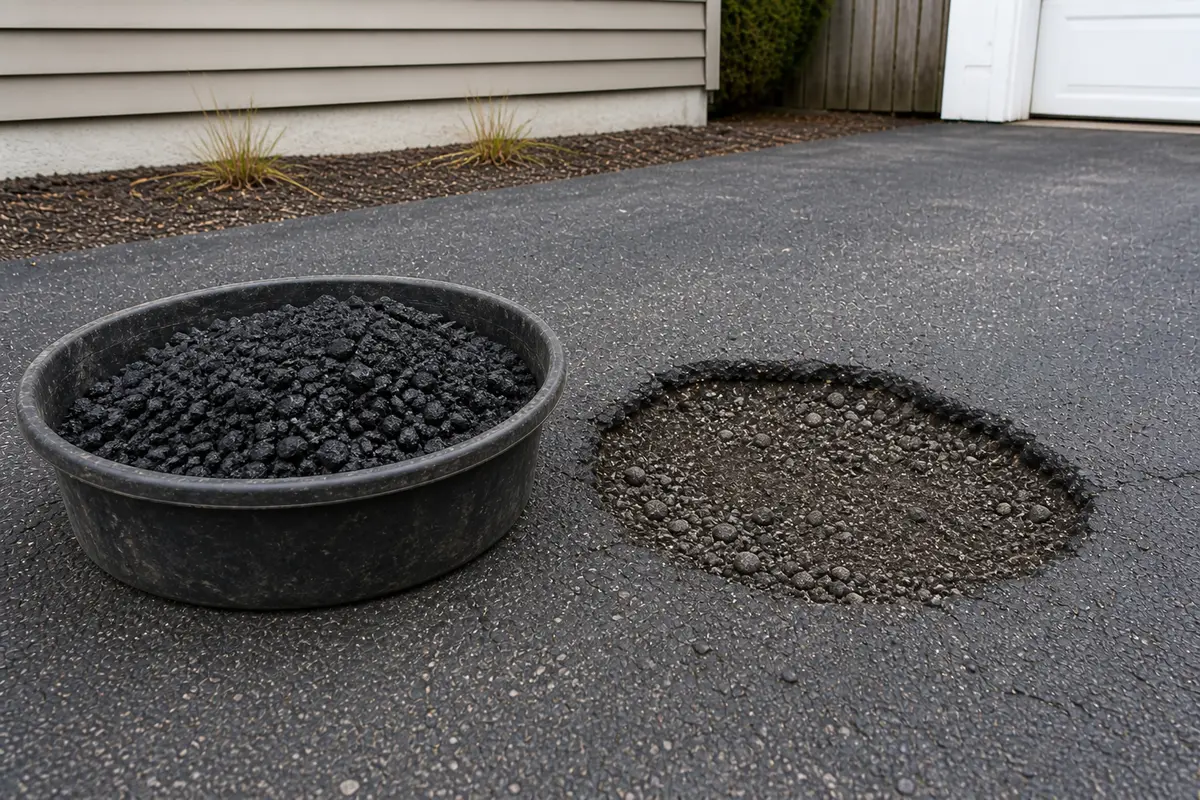 Asphalt driveway pothole ready for compatible asphalt patch material