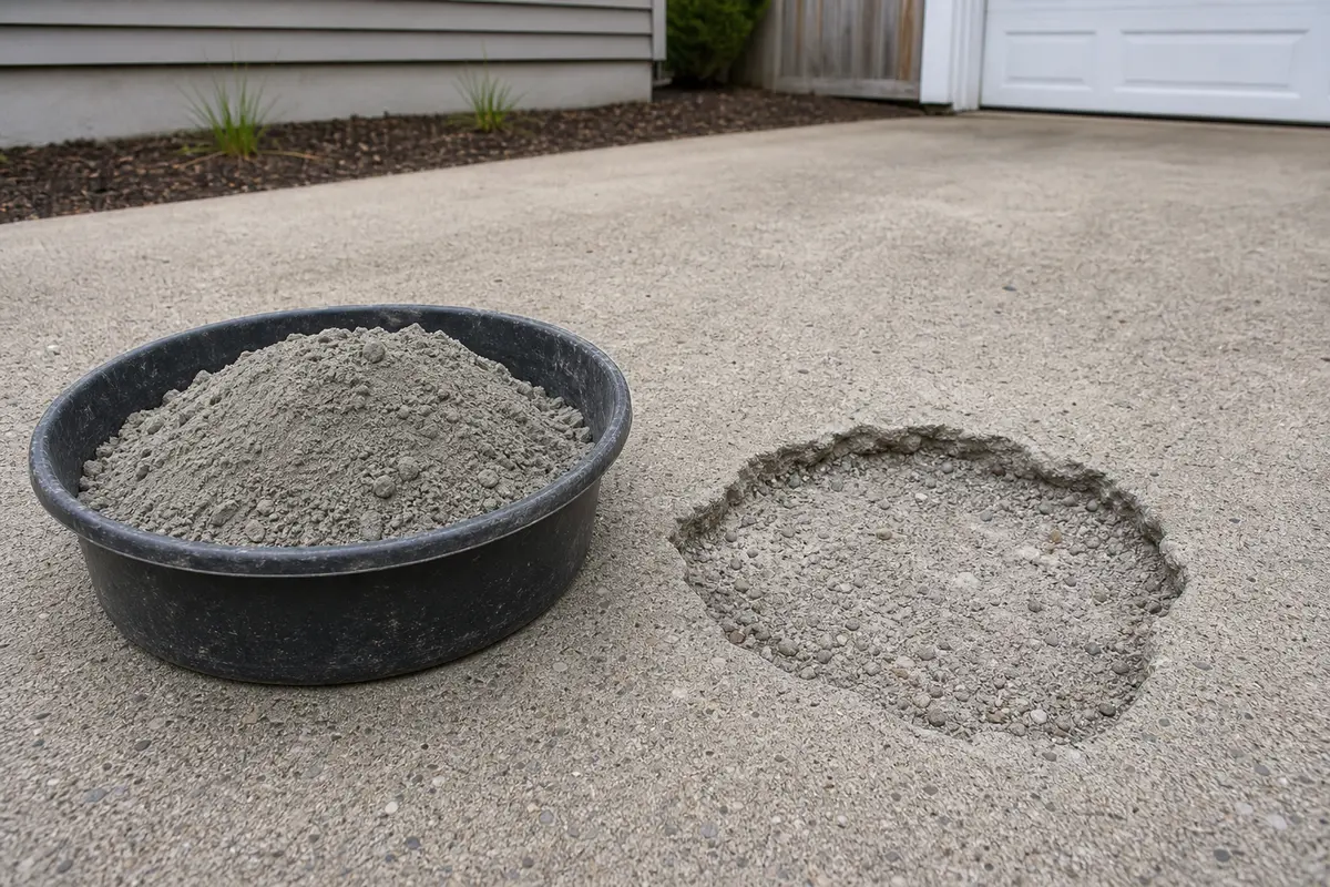 Concrete driveway patch material for a confirmed concrete surface repair