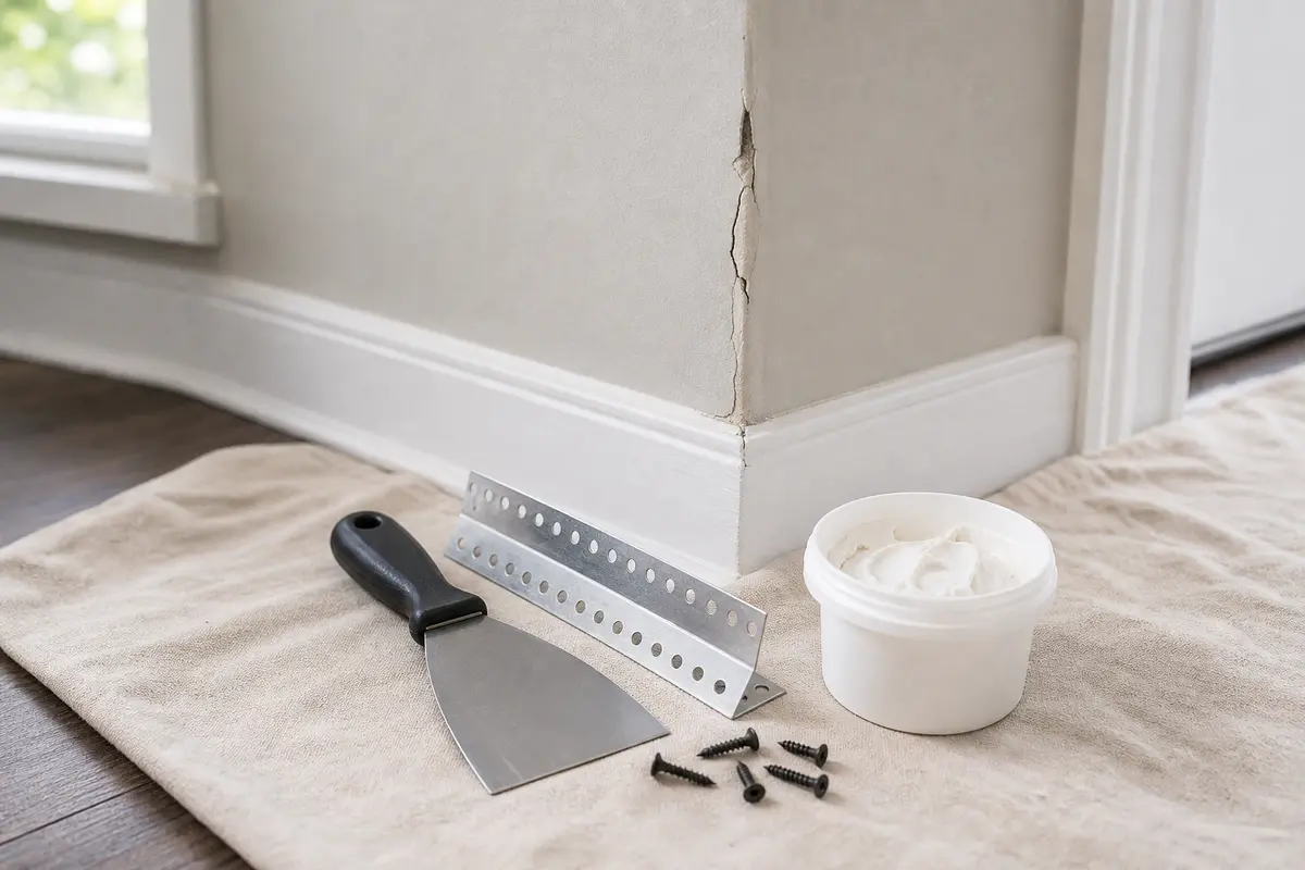 Drywall outside corner bead repair materials with screws and joint compound