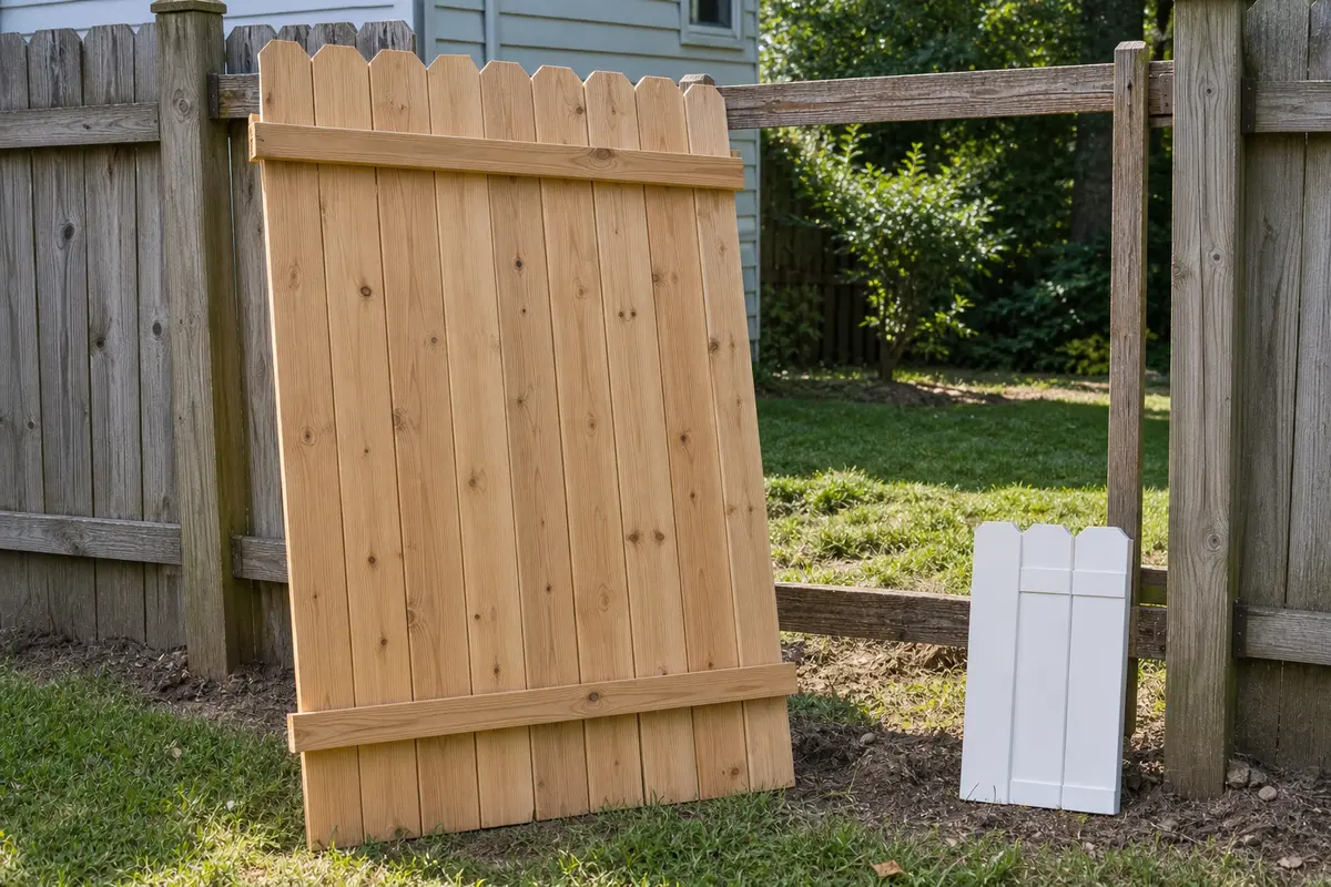 New prebuilt wood replacement fence panel with a small vinyl profile sample