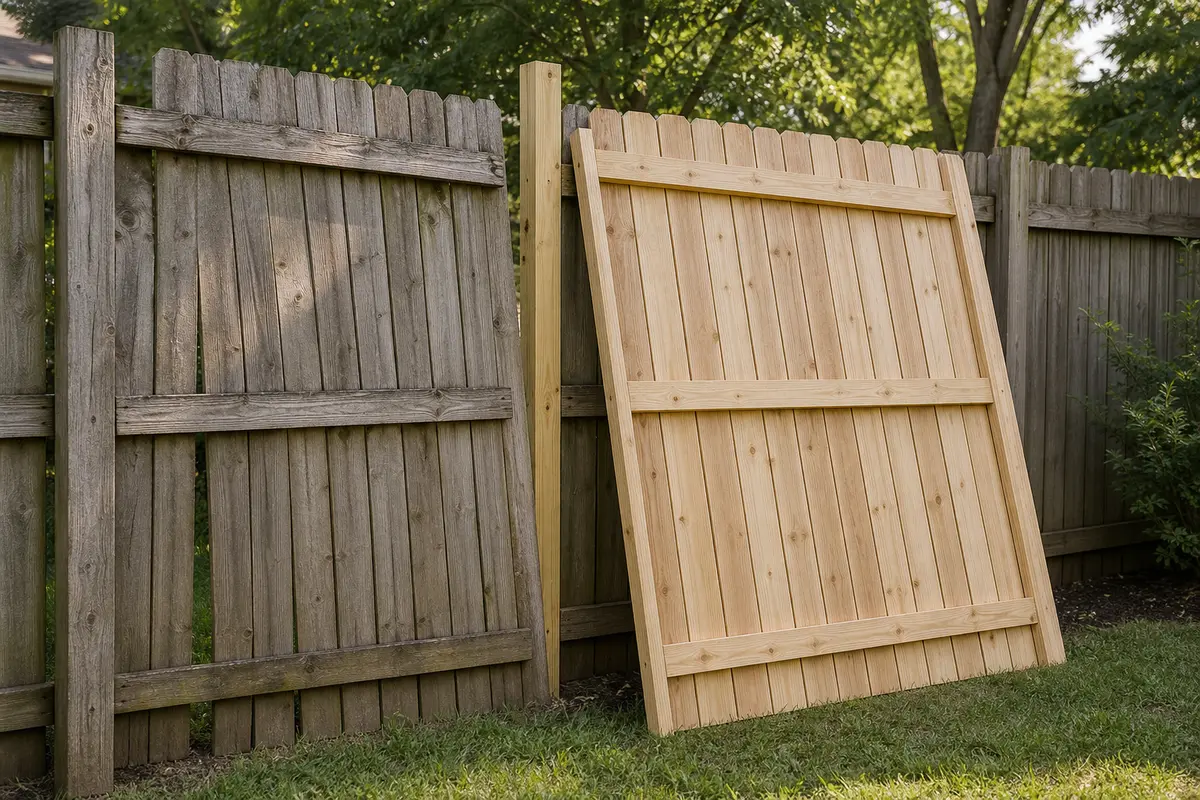 New prebuilt wood replacement fence panel with a small vinyl profile sample