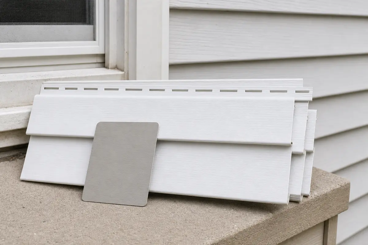 Stacked white vinyl siding replacement panels with a gray color match swatch