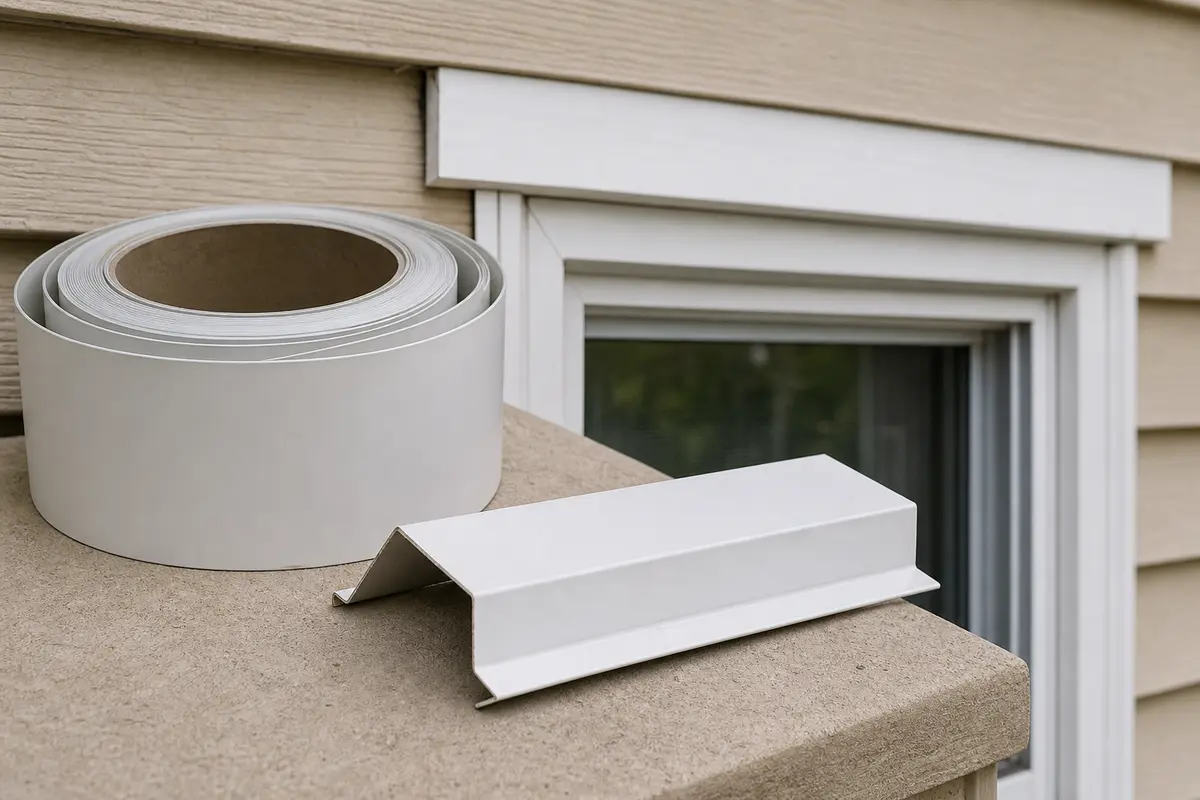 White aluminum trim coil roll with a bent window head flashing cap profile