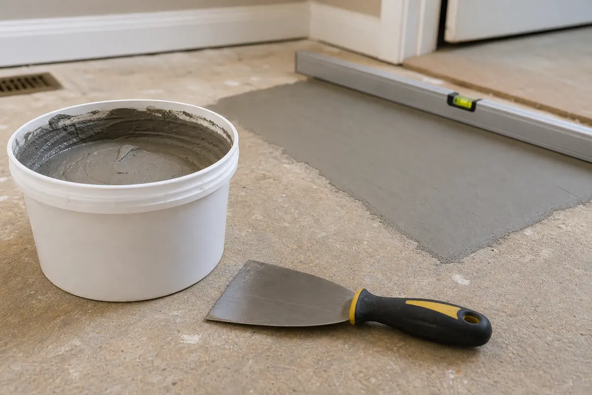 Floor patch material for a small correction over a dry solid floor assembly