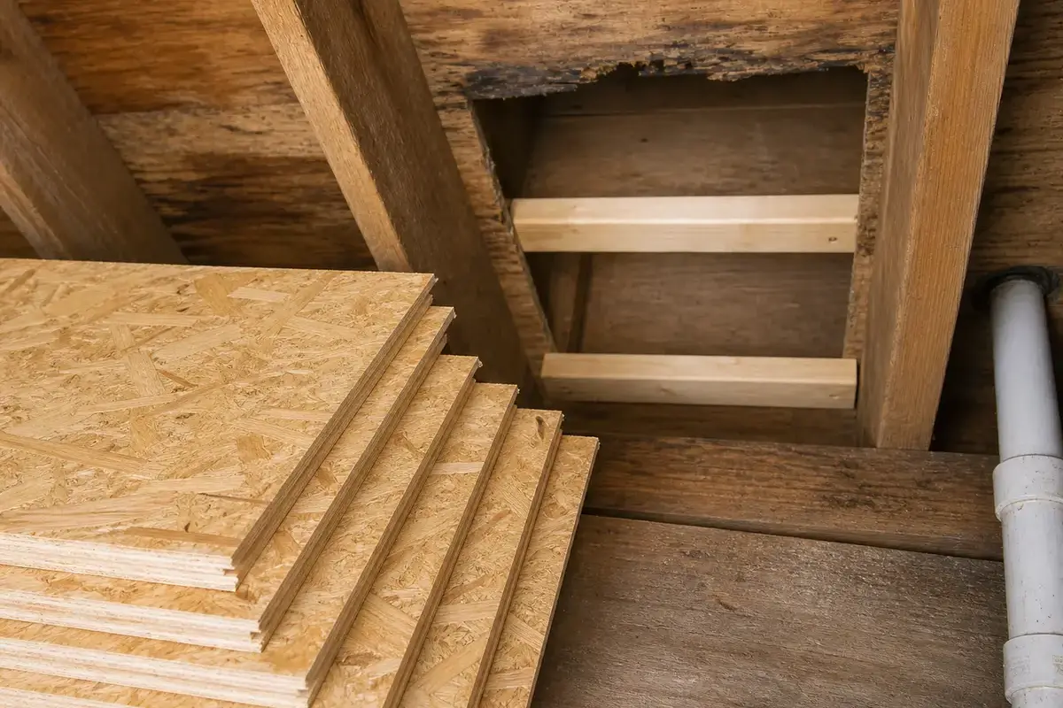 Subfloor panel for replacing a confirmed damaged sagging floor section