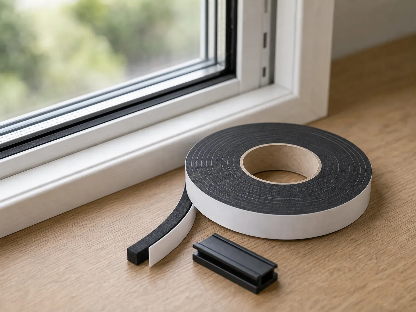 Black double-sided window glazing tape roll with backing strip and glazing spacer block