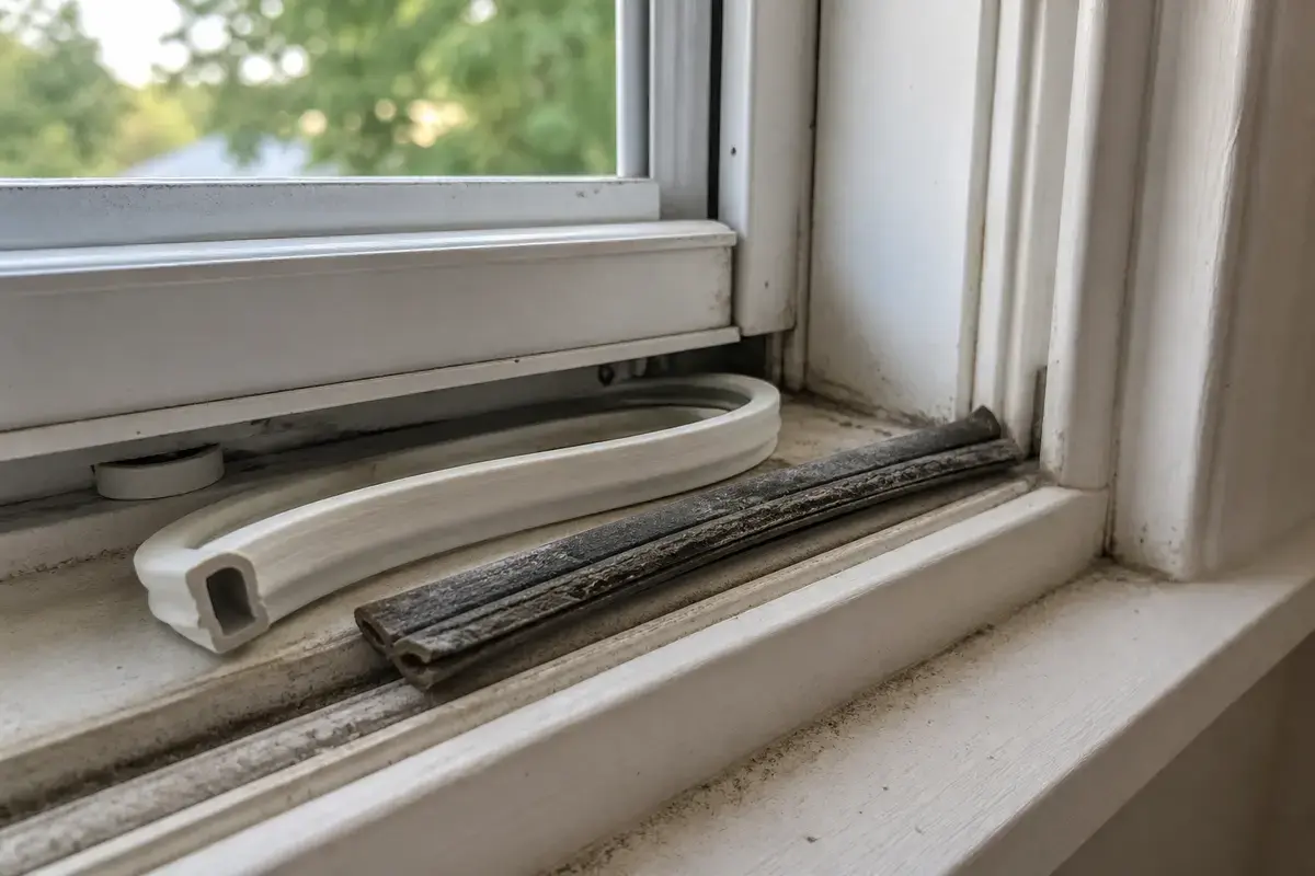 Window weatherstripping for a sash with drafts and room-side condensation