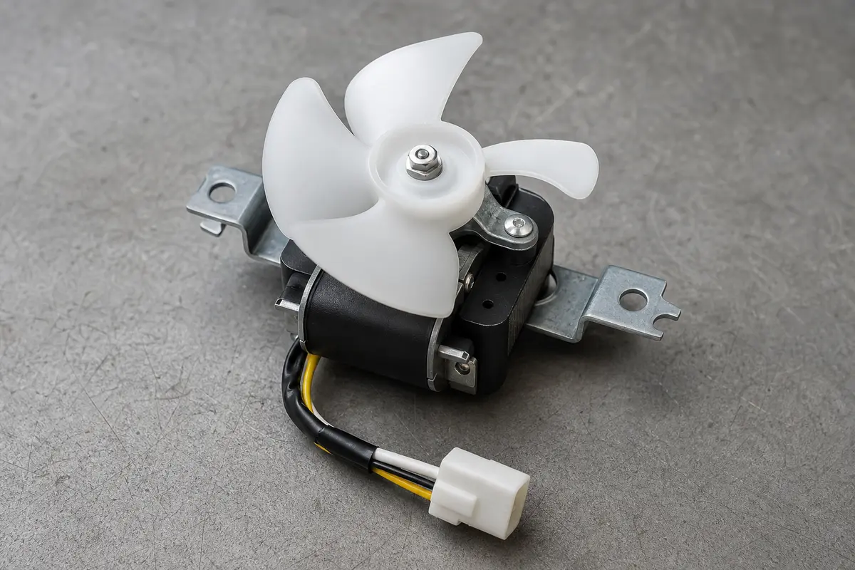 Example freezer evaporator fan motor, blade, bracket, and connector for model-fit comparison