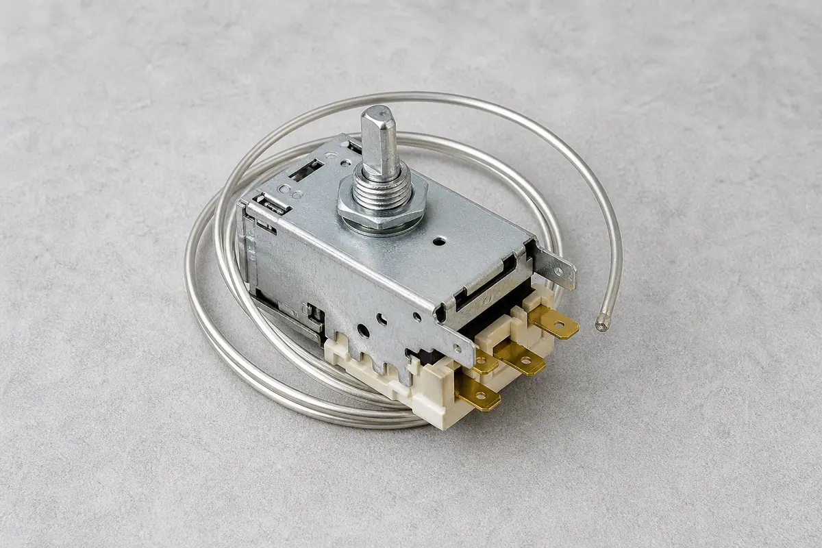 Freezer cold control thermostat with capillary tube and dial shaft for a control that will not call for cooling