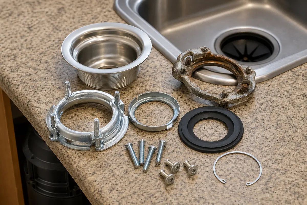 Garbage disposal mounting assembly parts on kitchen counter