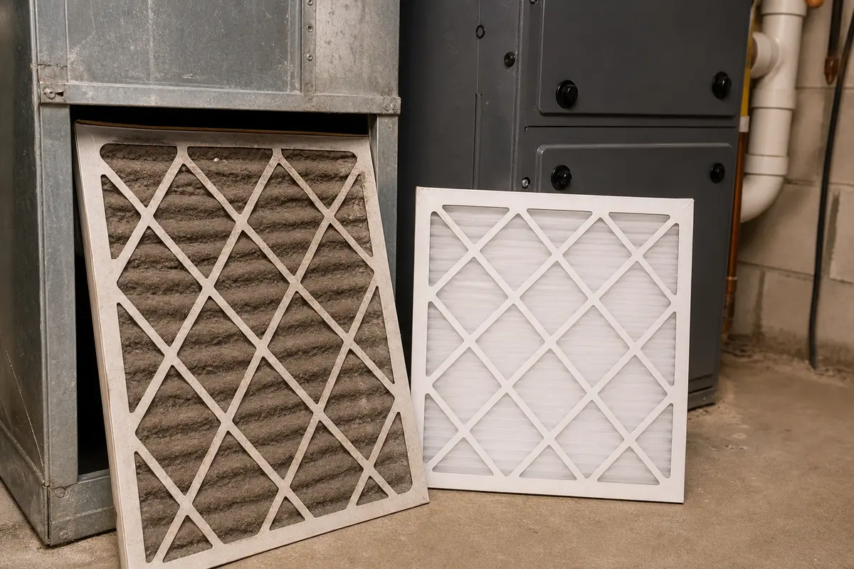 Dirty furnace air filter beside a clean replacement near the furnace